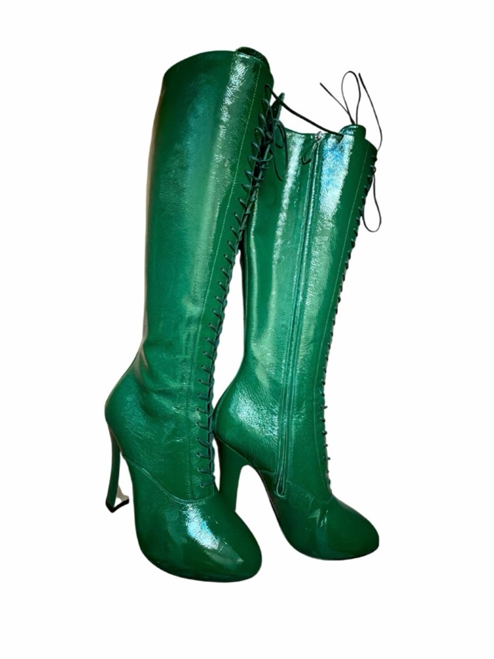 Miu Miu Emerald Green Patent Leather Knee-High Lace-Up Boots